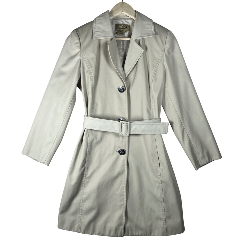 VTG Peck & Peck Weekend Beige Belted Trench Coat Women 6 Tan Button Front Preppy